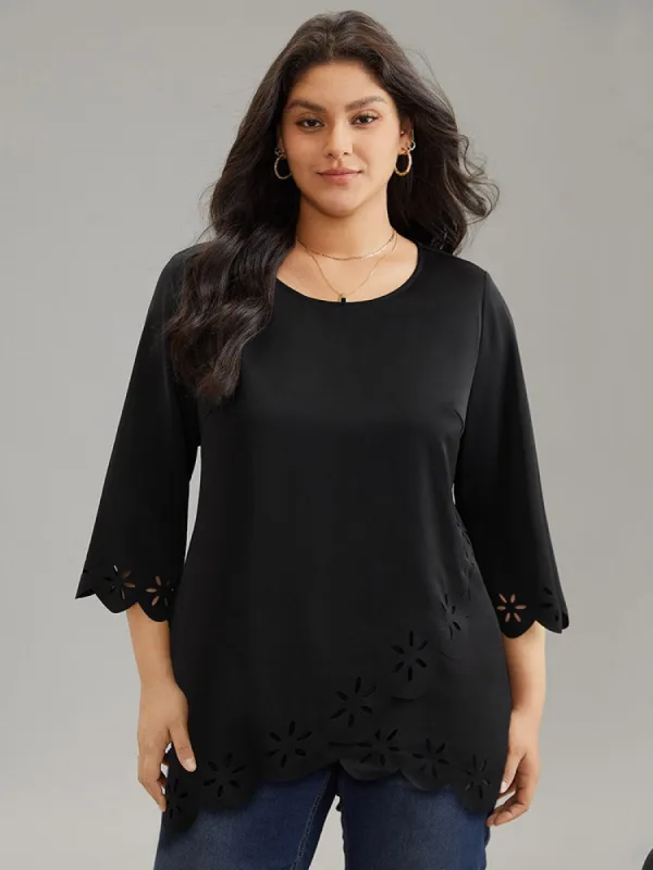 Plain Laser Cut Crew Neck Scalloped Trim Blouse sold by Bloomchic