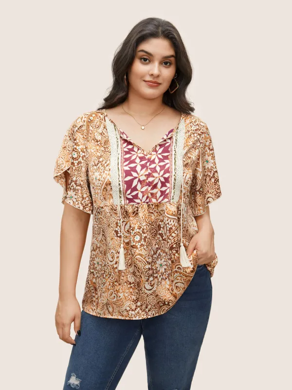 Bandana Print Tassel Trim Petal Sleeve Blouse sold by Bloomchic