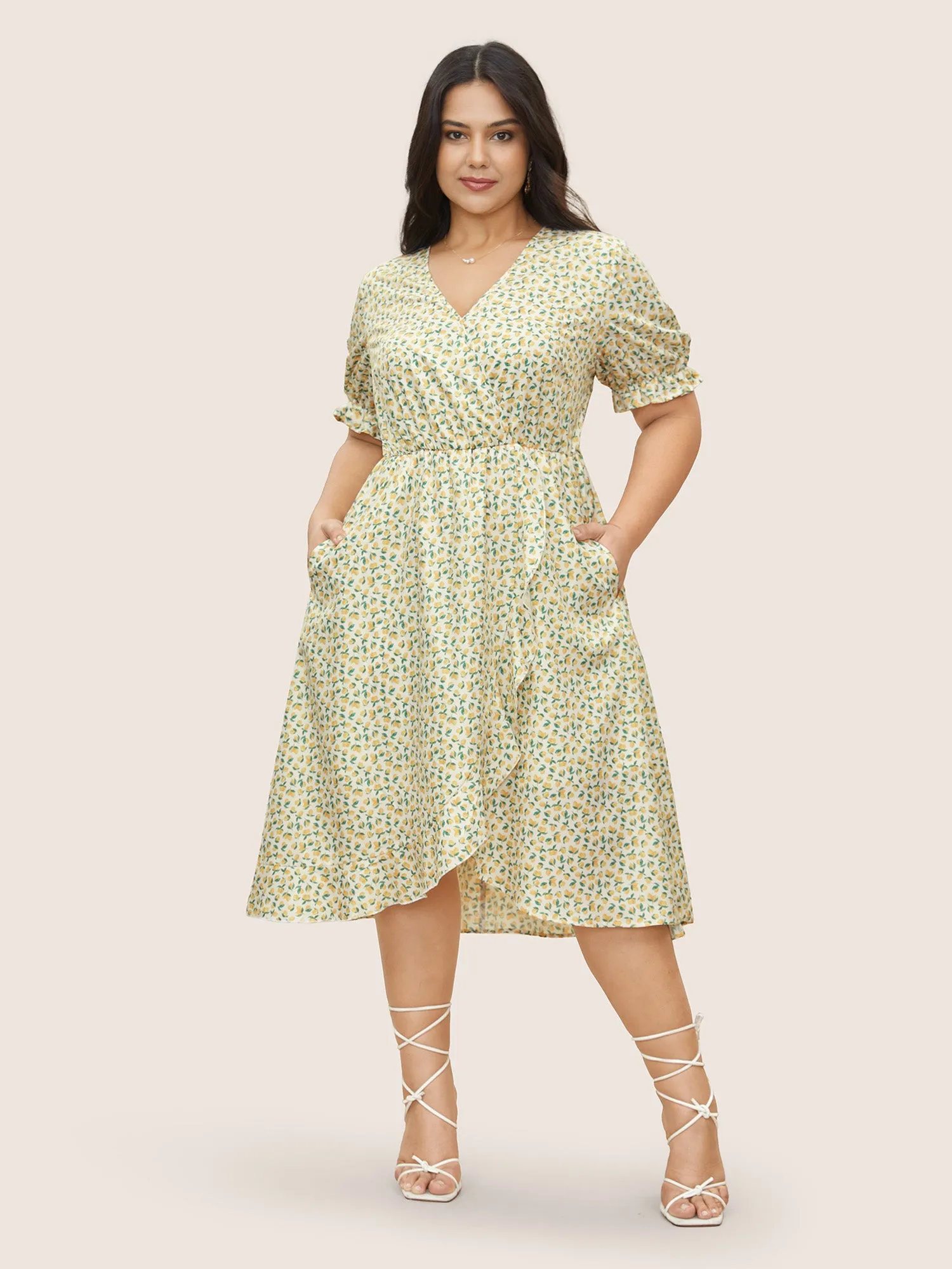 Citrus Lemon Print Overlap Collar Lantern Sleeve Dress sold by Bloomchic product image thumbnail 2