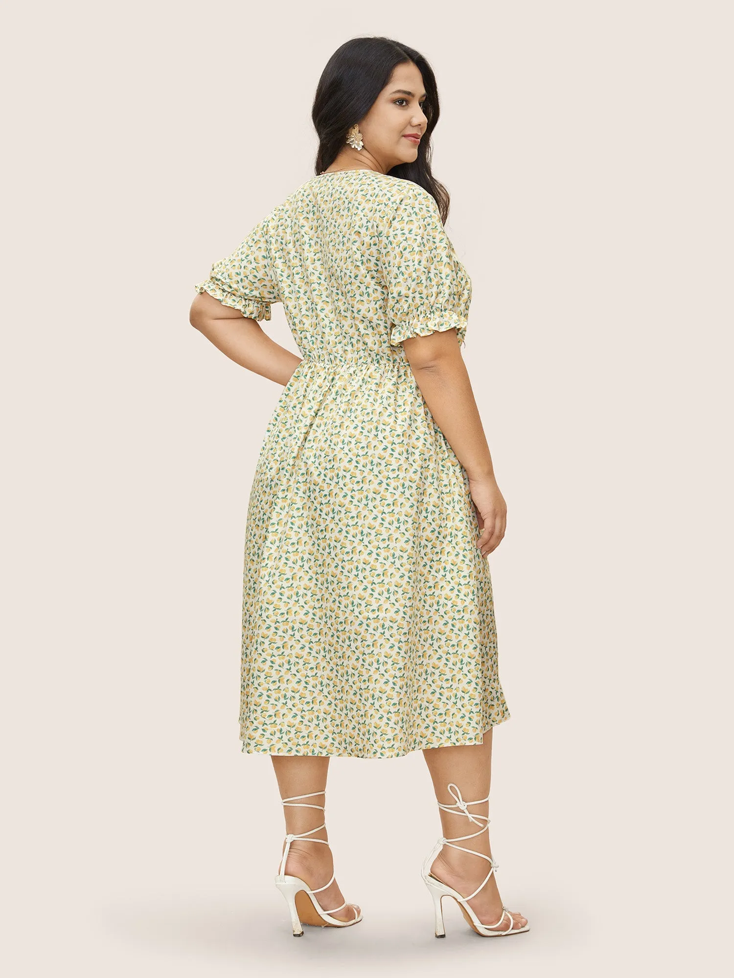 Citrus Lemon Print Overlap Collar Lantern Sleeve Dress sold by Bloomchic product image thumbnail 4