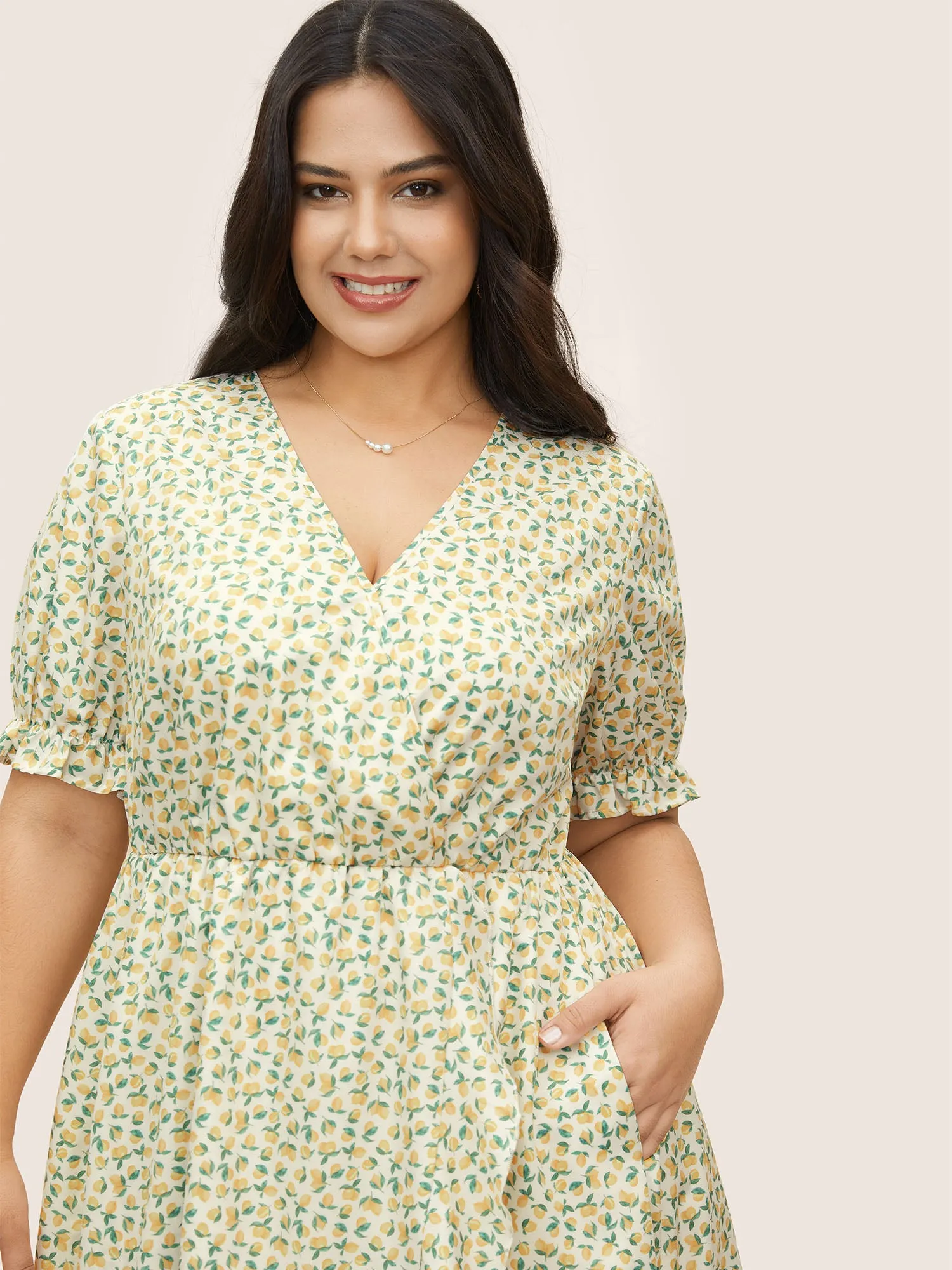 Citrus Lemon Print Overlap Collar Lantern Sleeve Dress sold by Bloomchic product image thumbnail 3