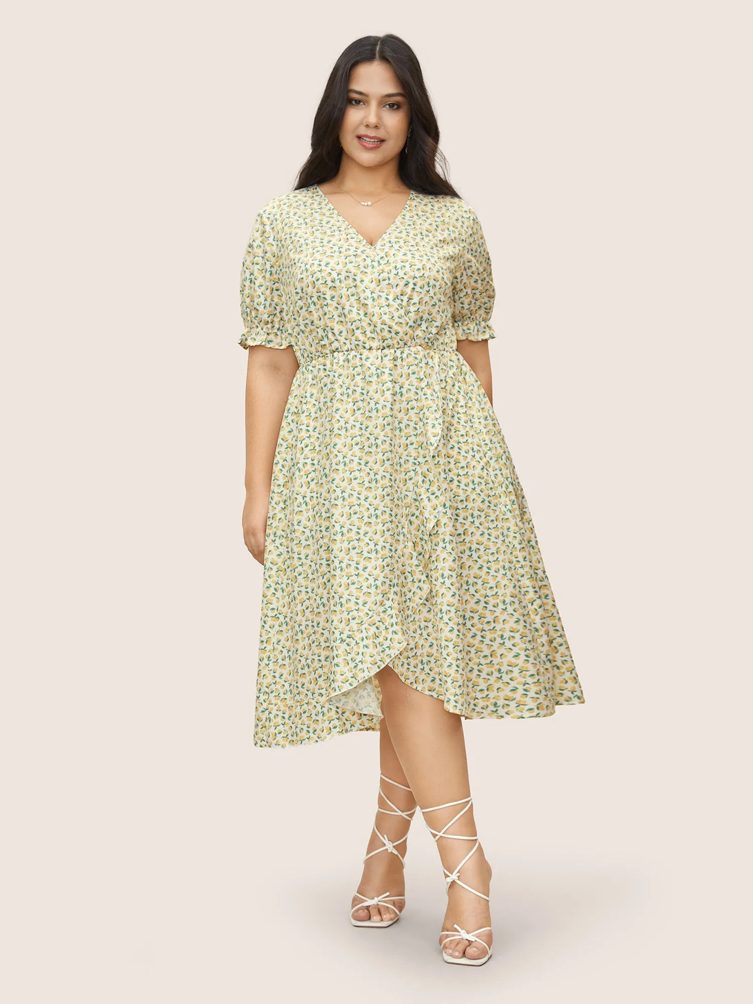 Citrus Lemon Print Overlap Collar Lantern Sleeve Dress sold by Bloomchic