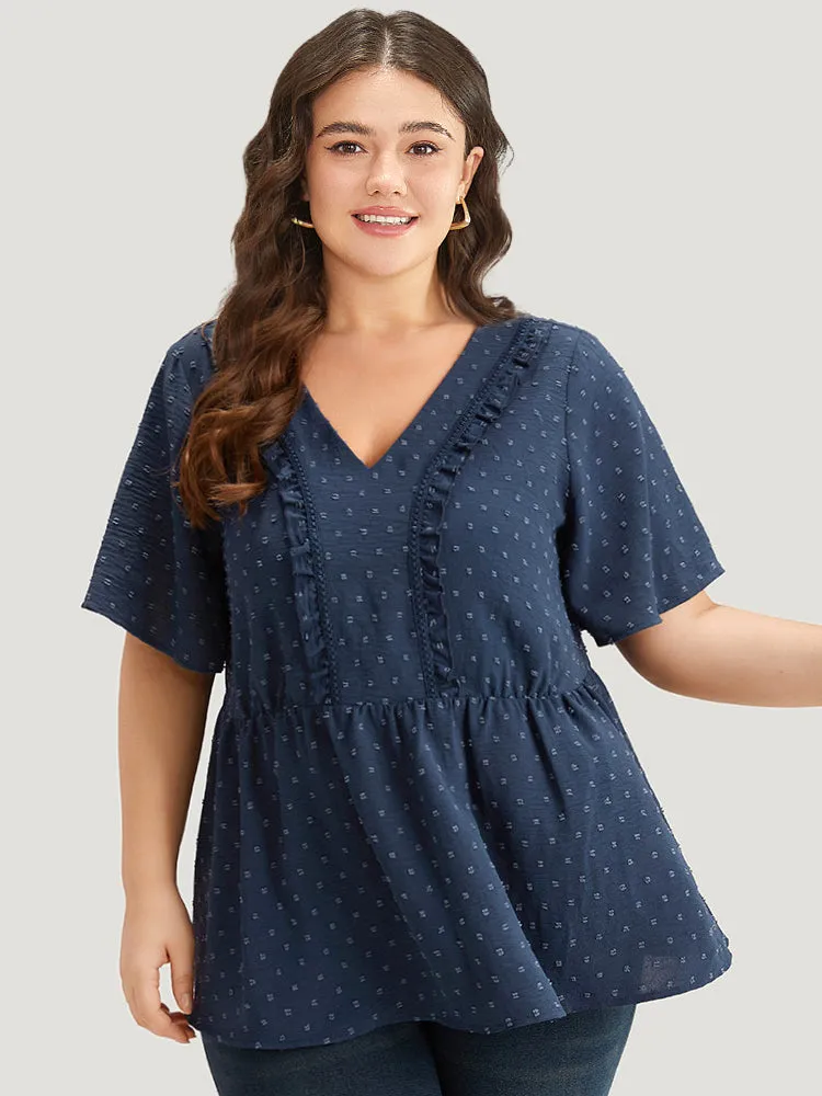 Plain Texture V Neck Lace Patchwork Frill Trim Blouse sold by Bloomchic product image thumbnail 2