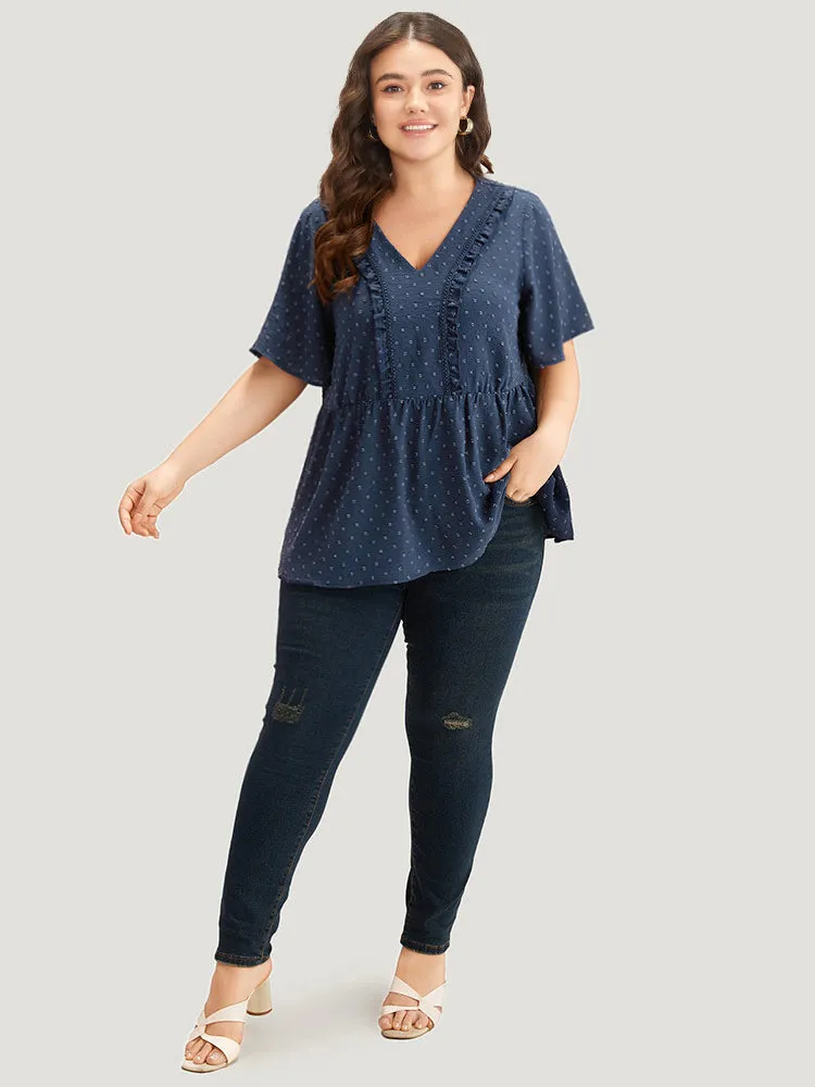 Plain Texture V Neck Lace Patchwork Frill Trim Blouse sold by Bloomchic product image thumbnail 3