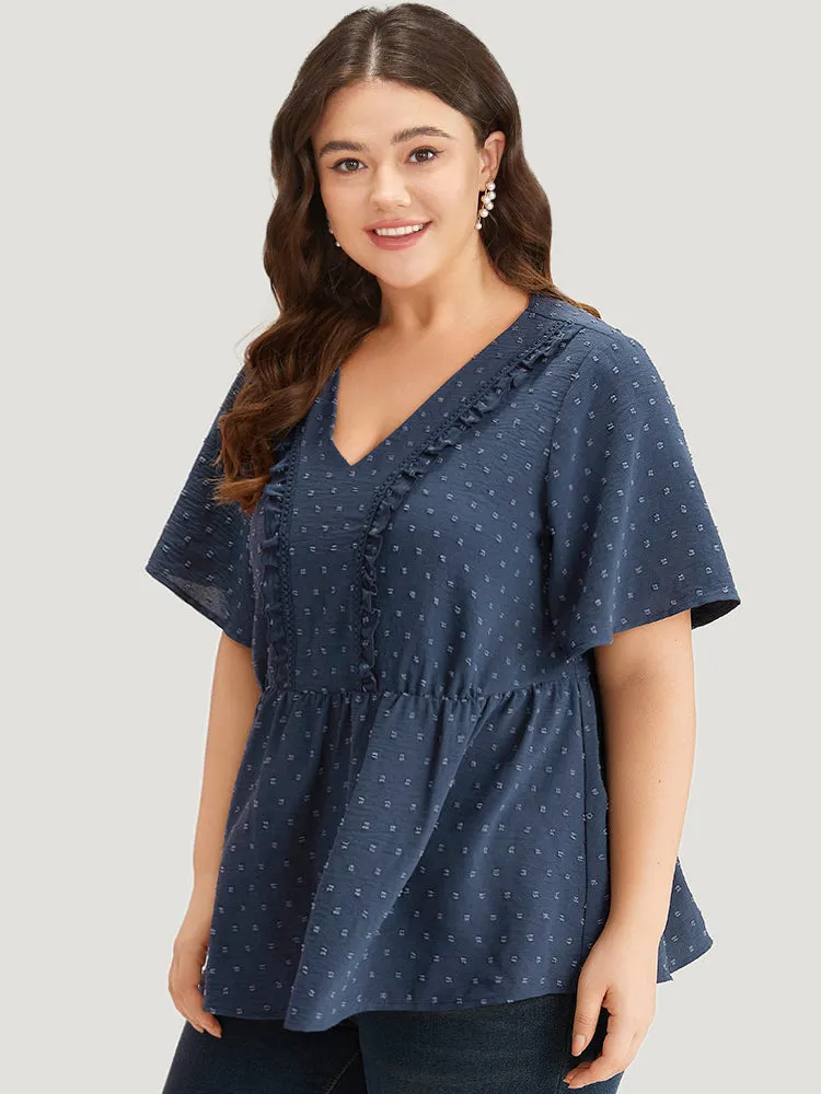 Plain Texture V Neck Lace Patchwork Frill Trim Blouse sold by Bloomchic product image thumbnail 4