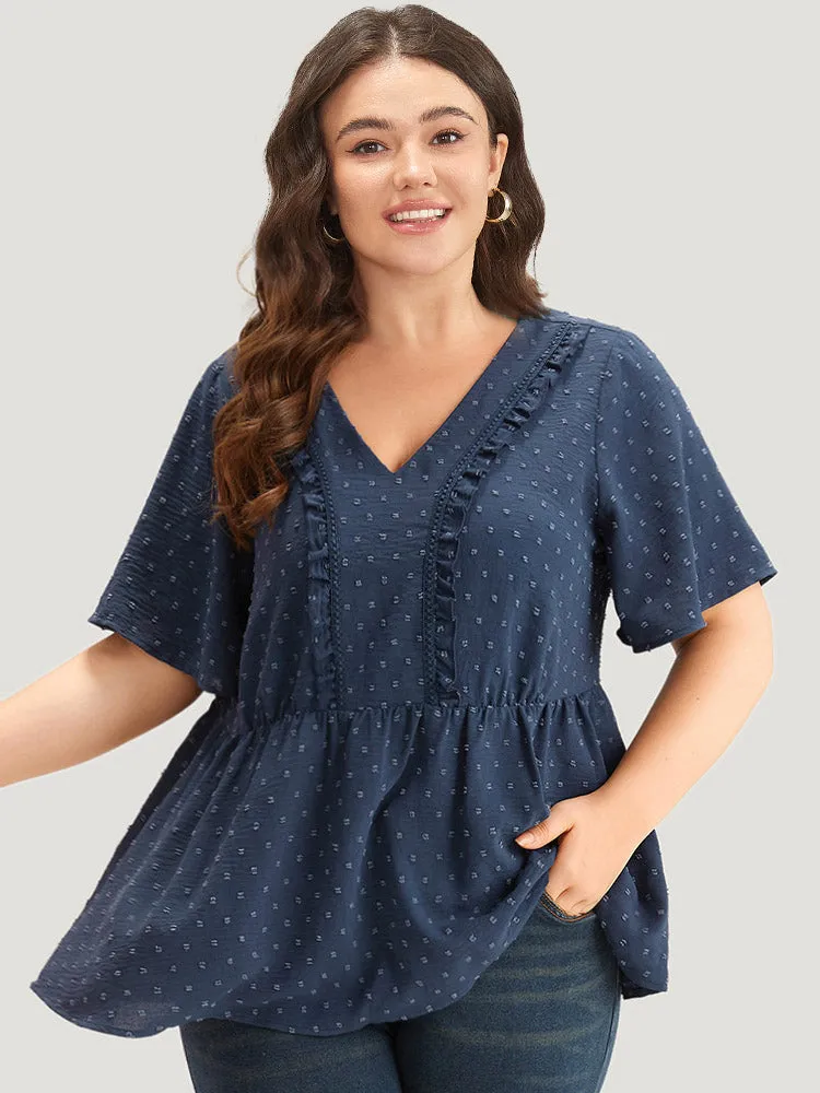 Plain Texture V Neck Lace Patchwork Frill Trim Blouse sold by Bloomchic