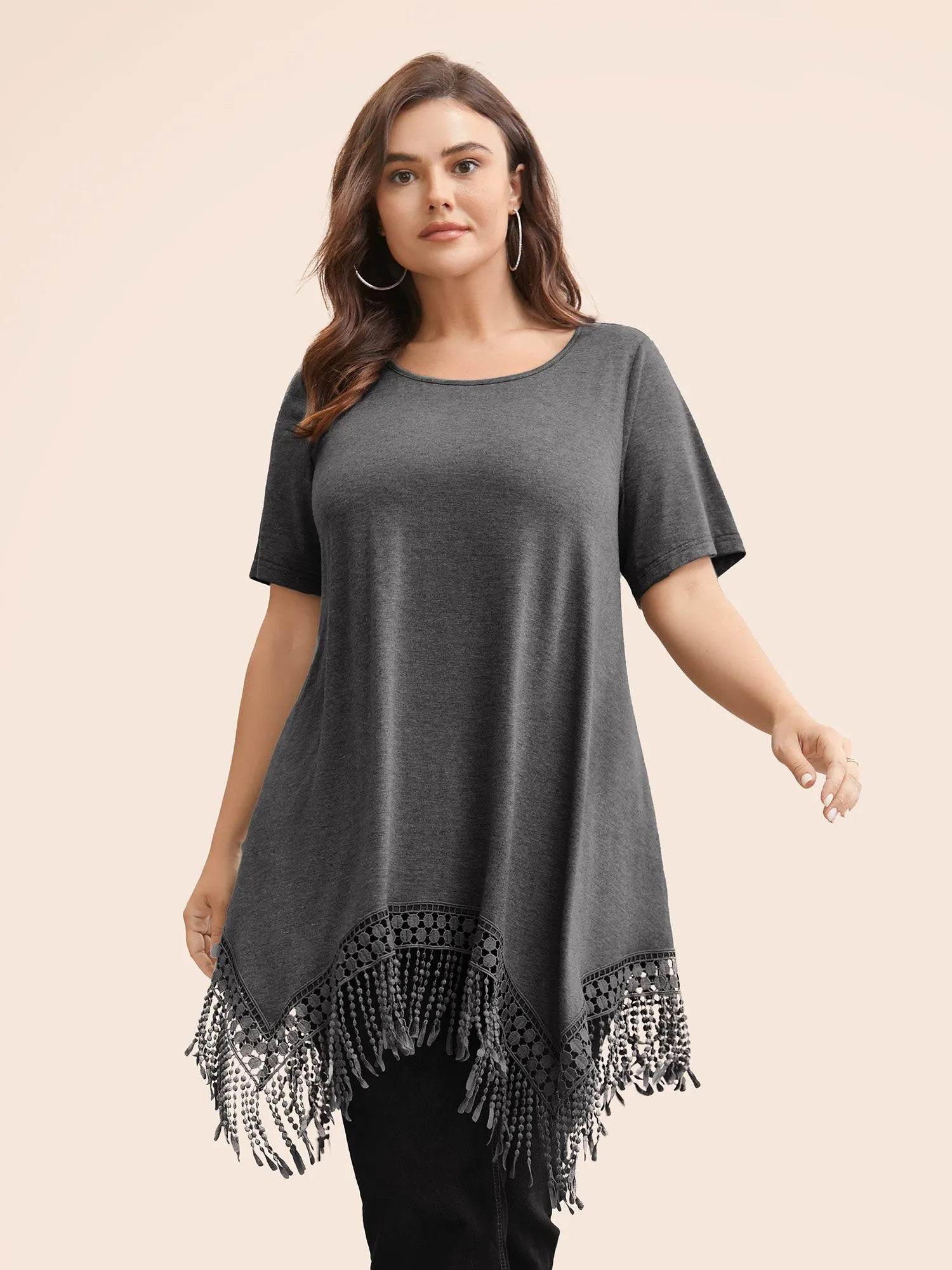 Solid Round Neck Lace Fringe Hem T-shirt sold by Bloomchic