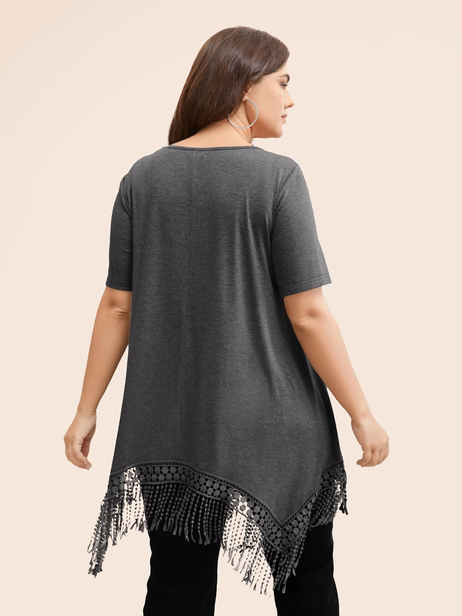 Solid Round Neck Lace Fringe Hem T-shirt sold by Bloomchic product image thumbnail 3