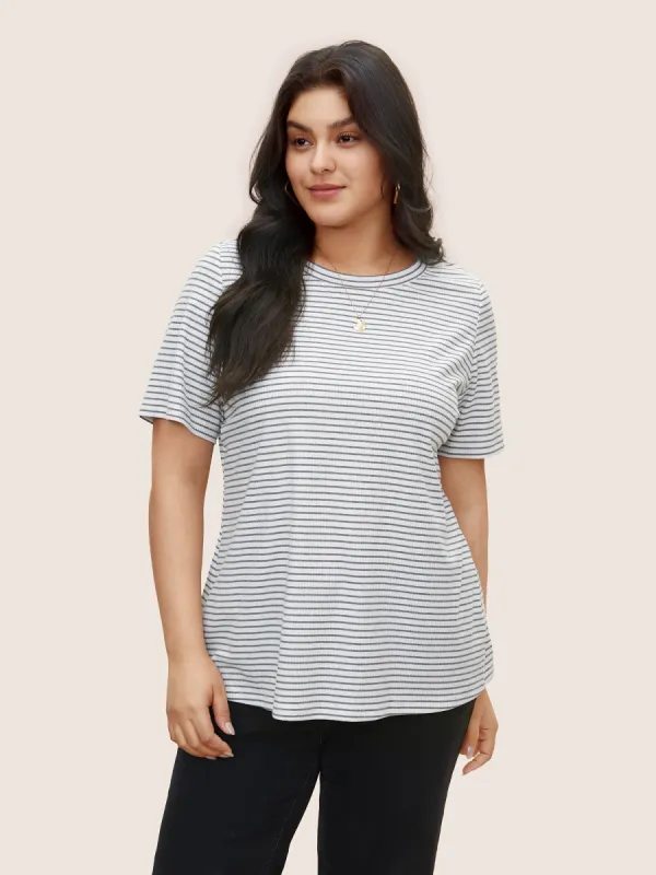 Striped Round Neck Knit T-shirt sold by Bloomchic
