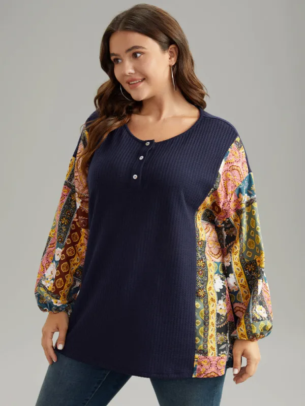Boho Print Button Up Patchwork Lantern Sleeve Sweatshirt sold by Bloomchic