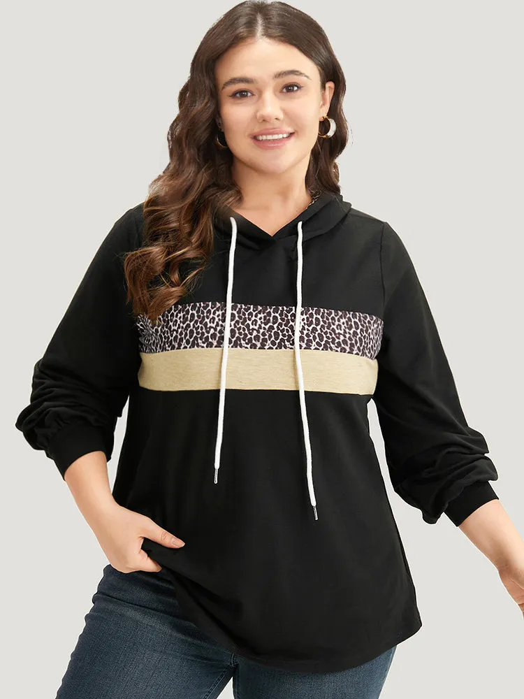 Leopard Patchwork Contrast Hooded Drawstring Sweatshirt sold by Bloomchic