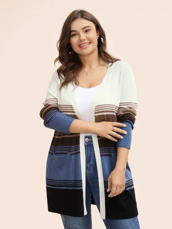 Striped Contrast Wool Blend Patched Pocket Cardigan sold by Bloomchic