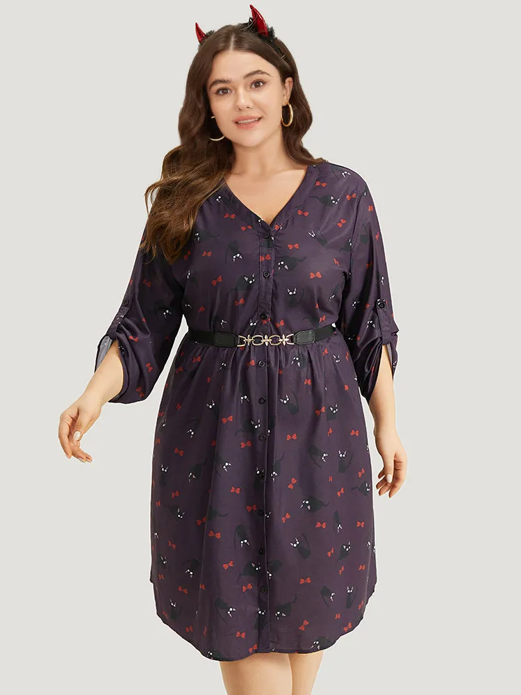 Halloween Cat Print Tab Sleeve Gathered Dress sold by Bloomchic product image thumbnail 4