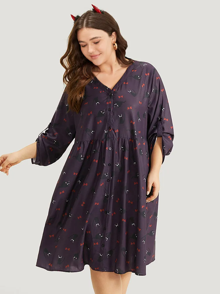 Halloween Cat Print Tab Sleeve Gathered Dress sold by Bloomchic