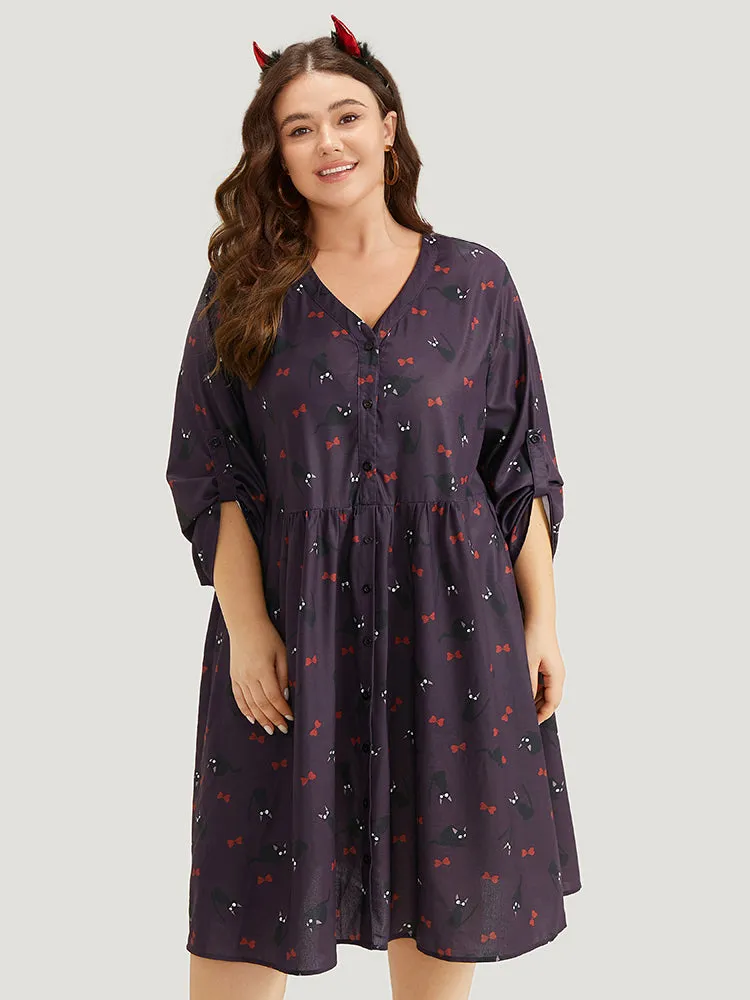 Halloween Cat Print Tab Sleeve Gathered Dress sold by Bloomchic product image thumbnail 5