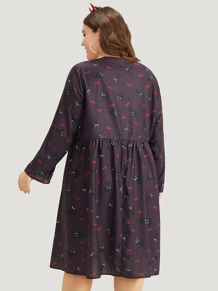 Halloween Cat Print Tab Sleeve Gathered Dress sold by Bloomchic product image thumbnail 2