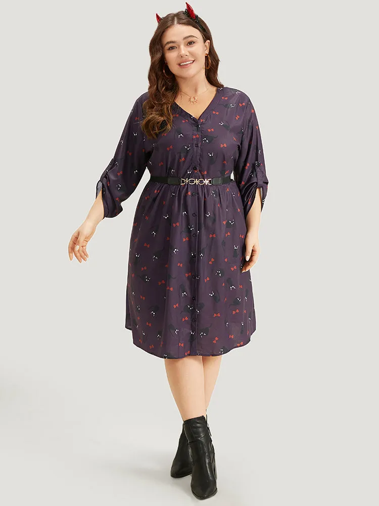 Halloween Cat Print Tab Sleeve Gathered Dress sold by Bloomchic product image thumbnail 3