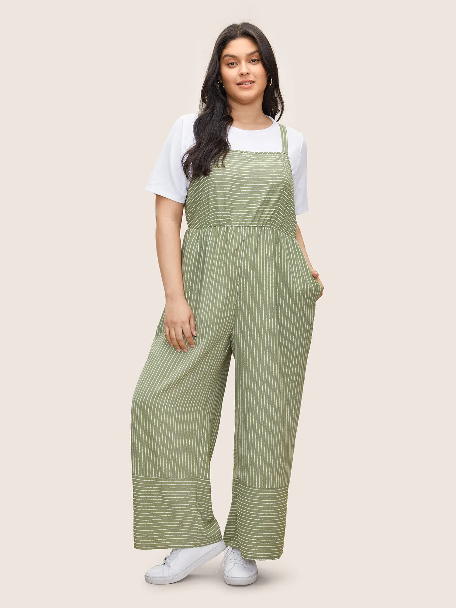 Striped Pocket Elastic Waist Cami Jumpsuit sold by Bloomchic