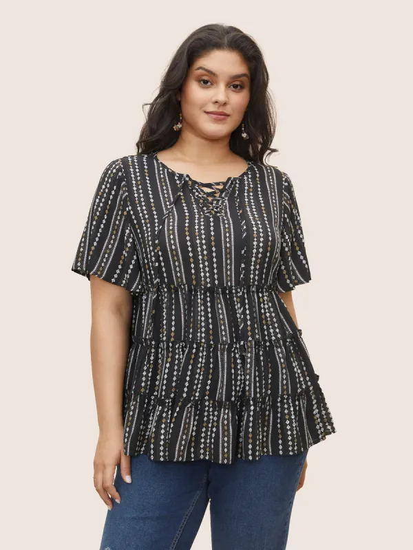 Boho print Tiered Ruffle Hem Frill Trim Blouse sold by Bloomchic
