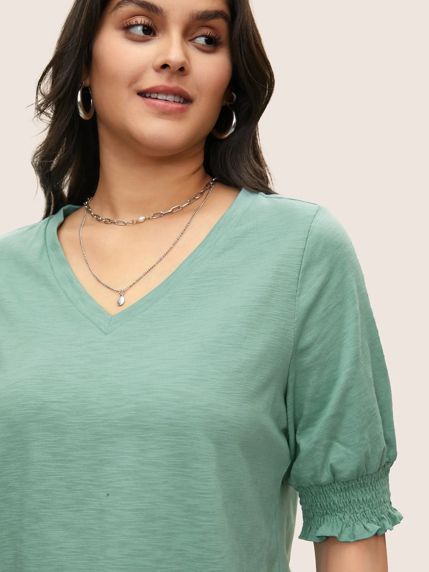Solid Lantern Sleeve V Neck Shirred T-shirt sold by Bloomchic product image thumbnail 4