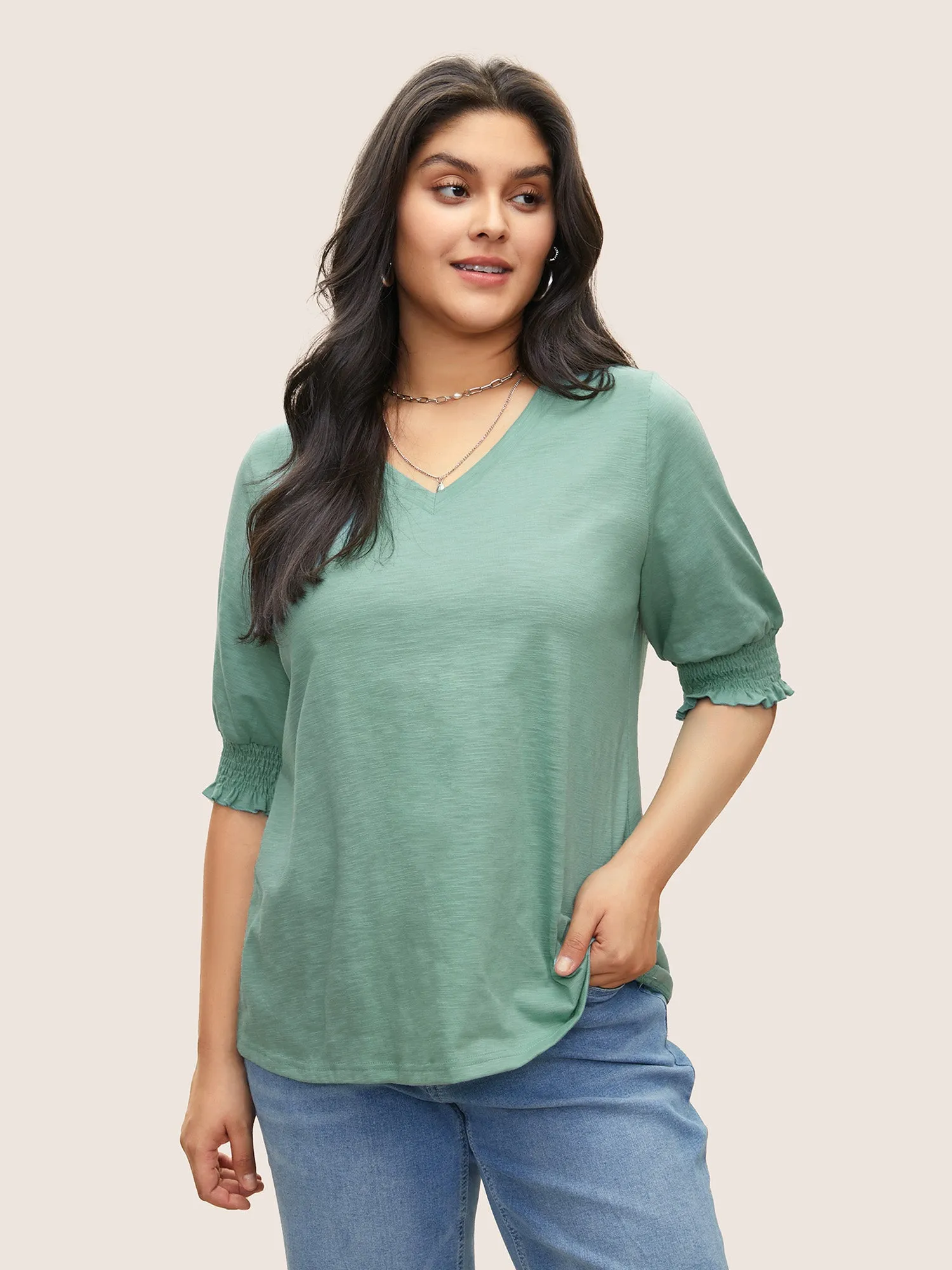 Solid Lantern Sleeve V Neck Shirred T-shirt sold by Bloomchic
