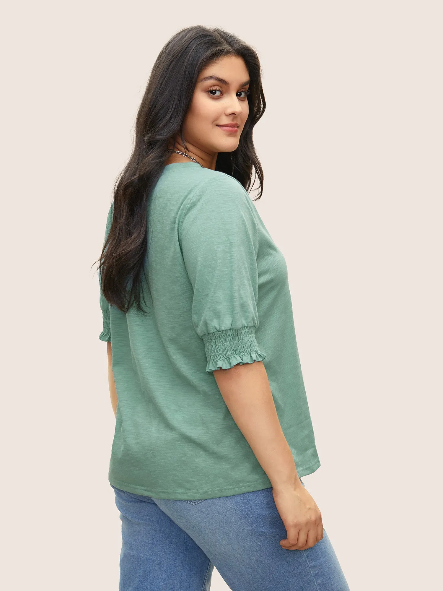 Solid Lantern Sleeve V Neck Shirred T-shirt sold by Bloomchic product image thumbnail 2