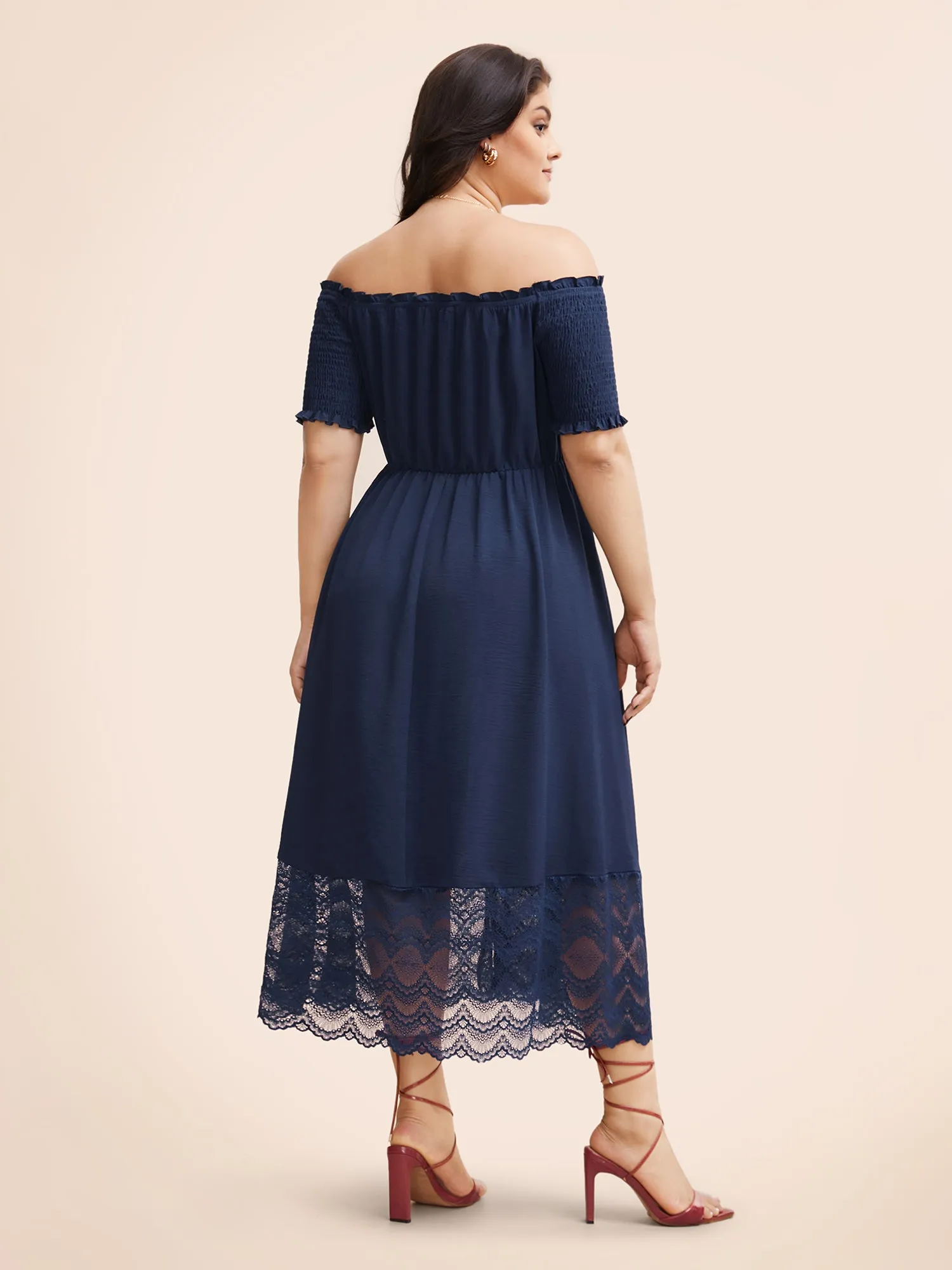 Off Shoulder Shirred Lace Patchwork Dress sold by Bloomchic product image thumbnail 3
