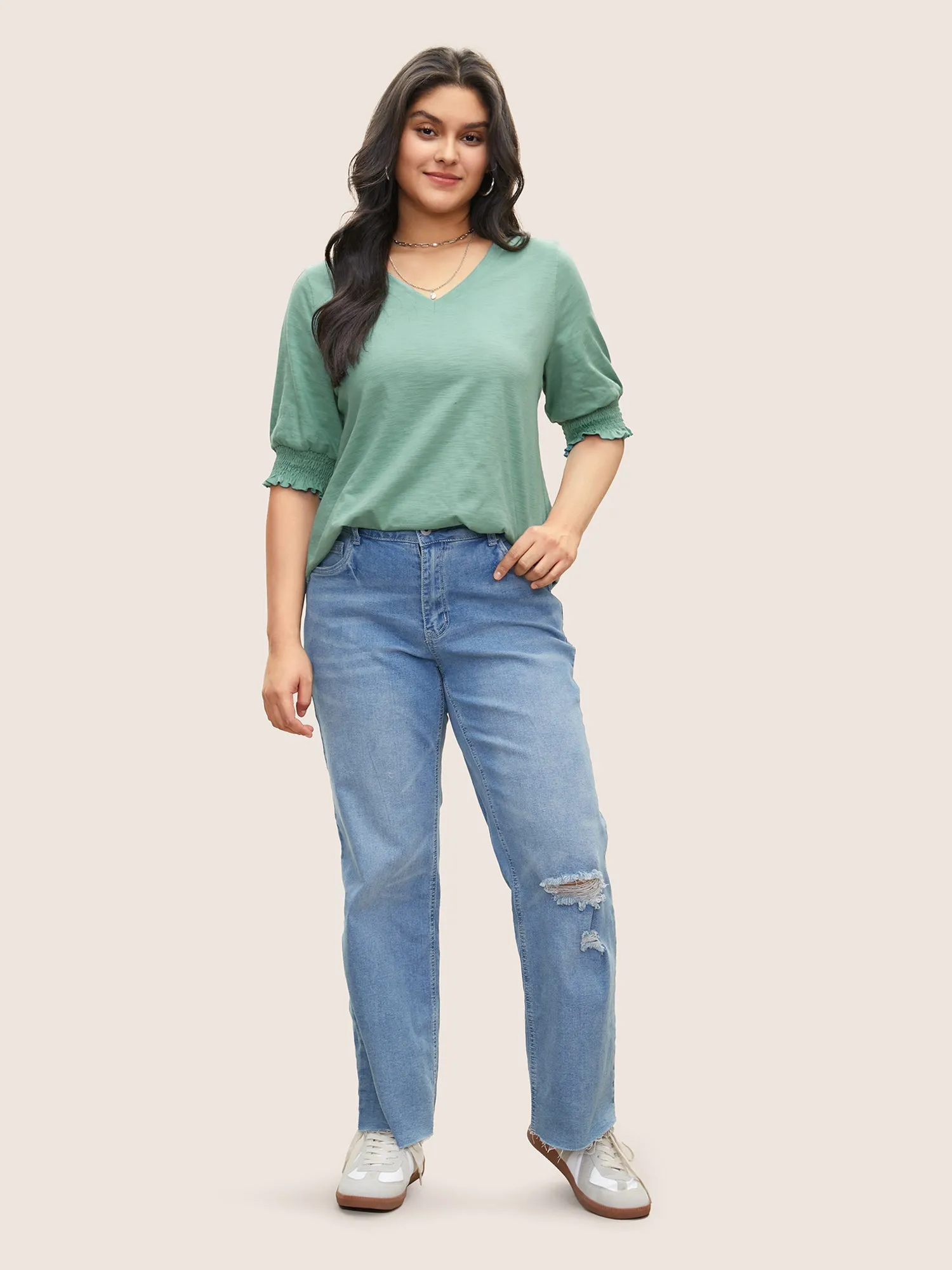 Solid Lantern Sleeve V Neck Shirred T-shirt sold by Bloomchic product image thumbnail 3