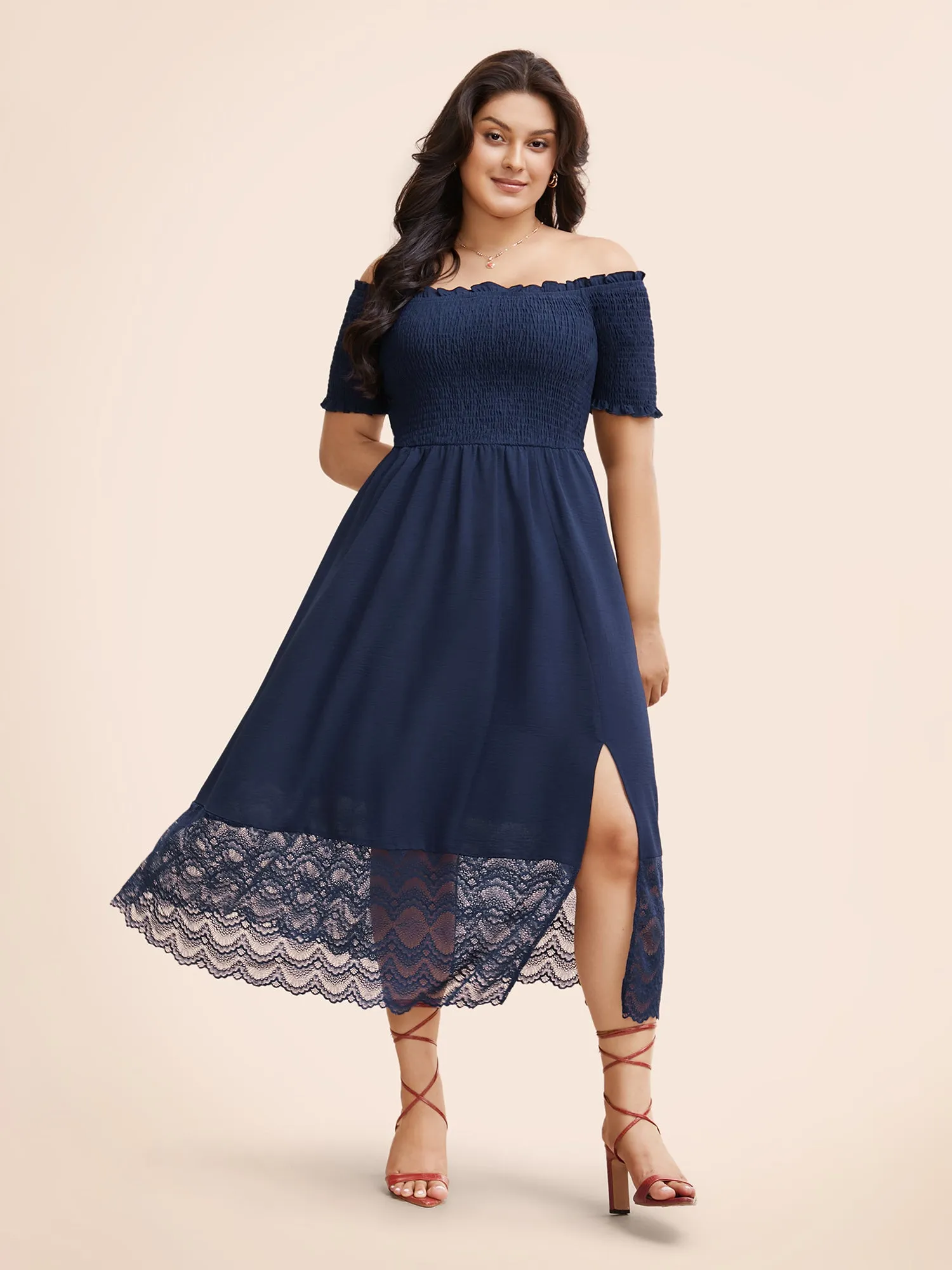 Off Shoulder Shirred Lace Patchwork Dress sold by Bloomchic product image thumbnail 2