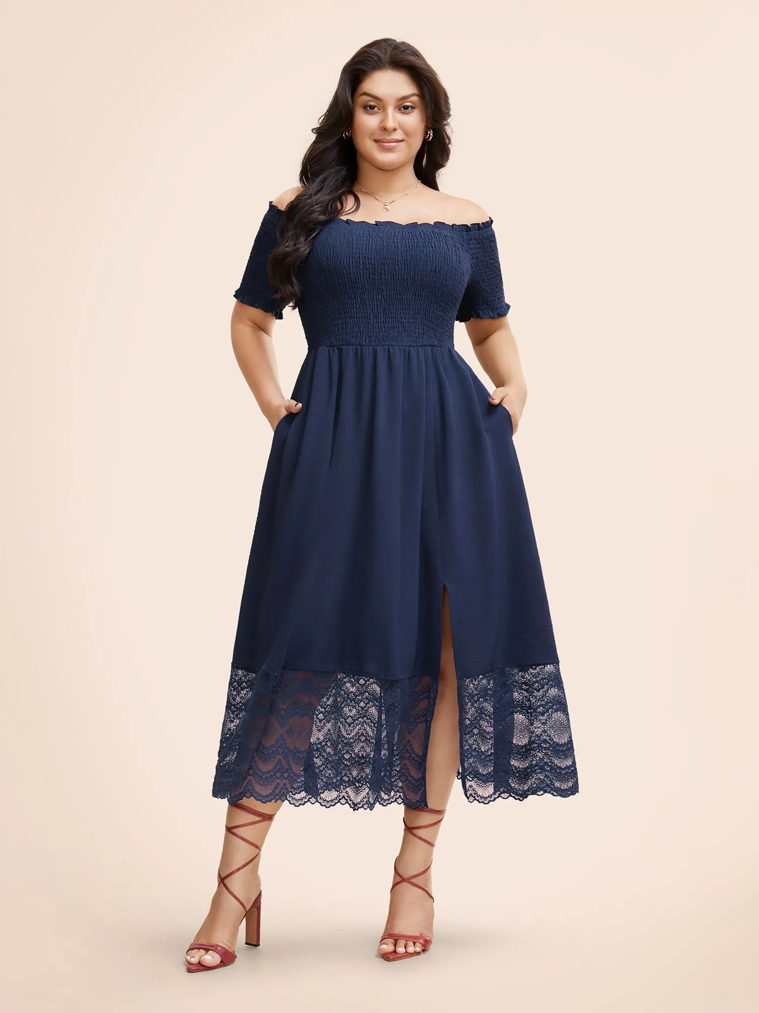 Off Shoulder Shirred Lace Patchwork Dress sold by Bloomchic