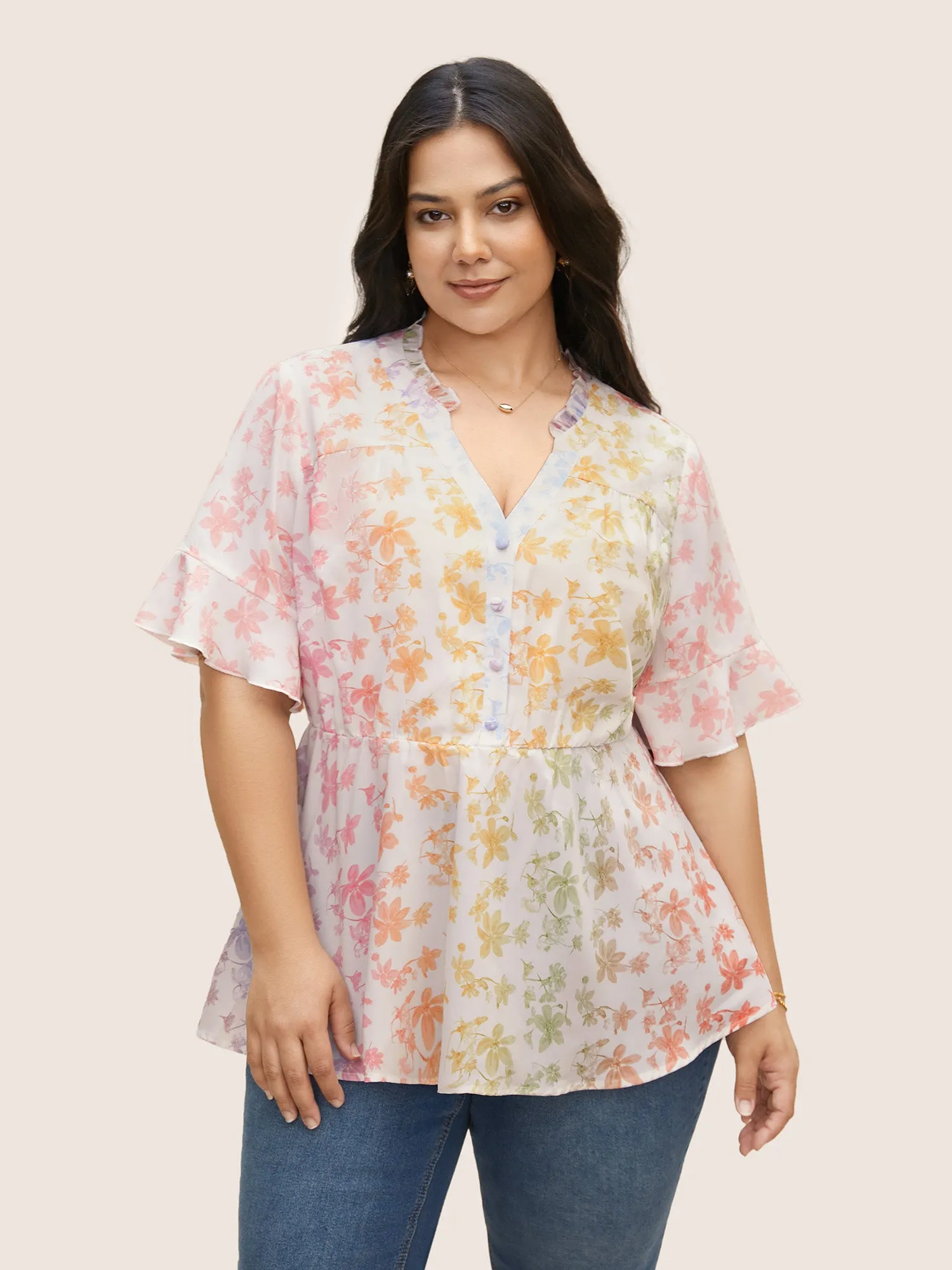 Ombre Floral Print Notched Collar Blouse sold by Bloomchic