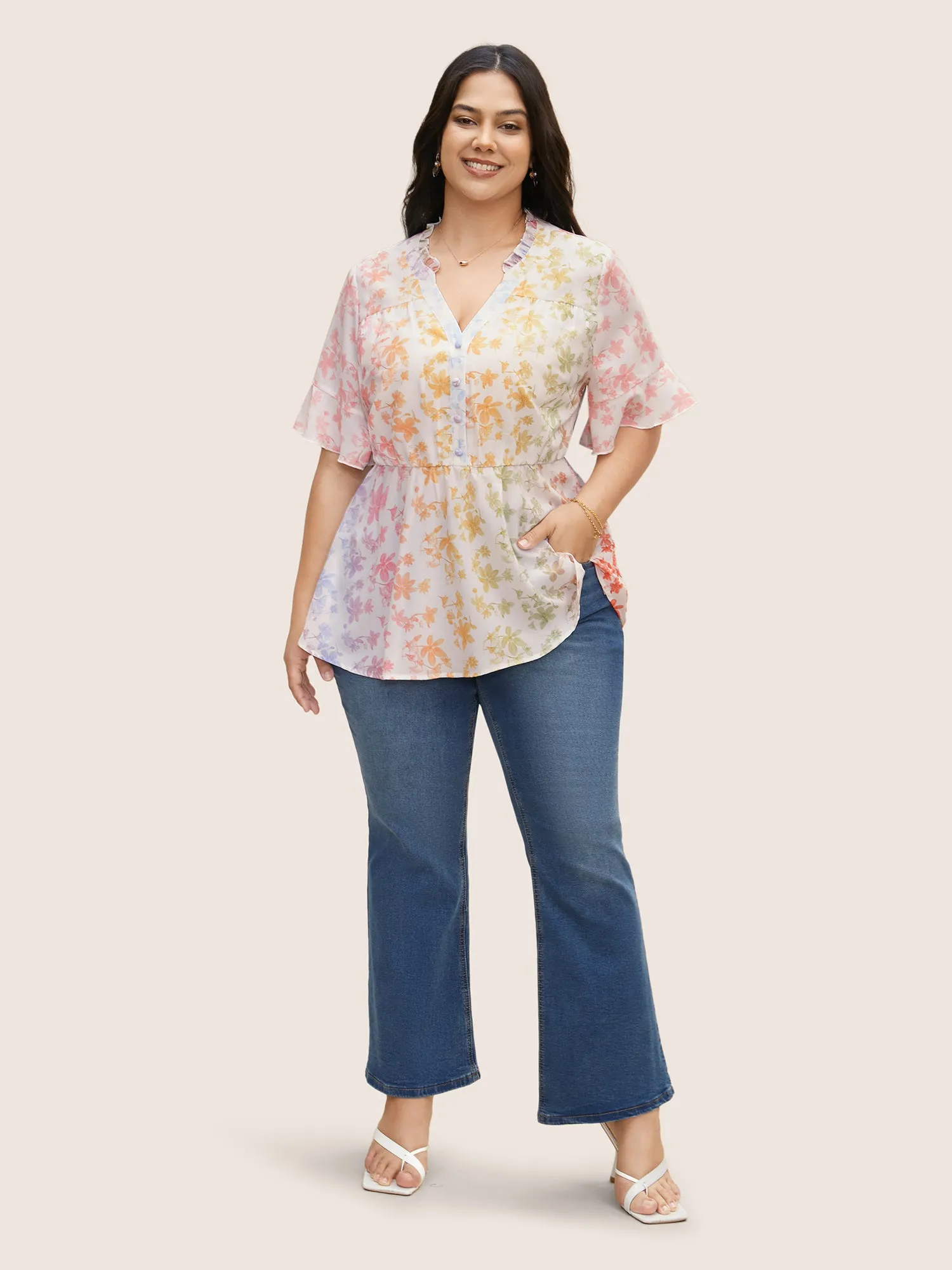 Ombre Floral Print Notched Collar Blouse sold by Bloomchic product image thumbnail 2