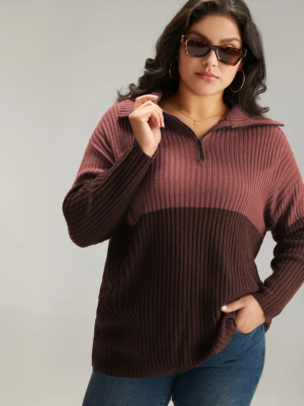 Colorblock Contrast Half Zip Lapel Collar Pullover sold by Bloomchic