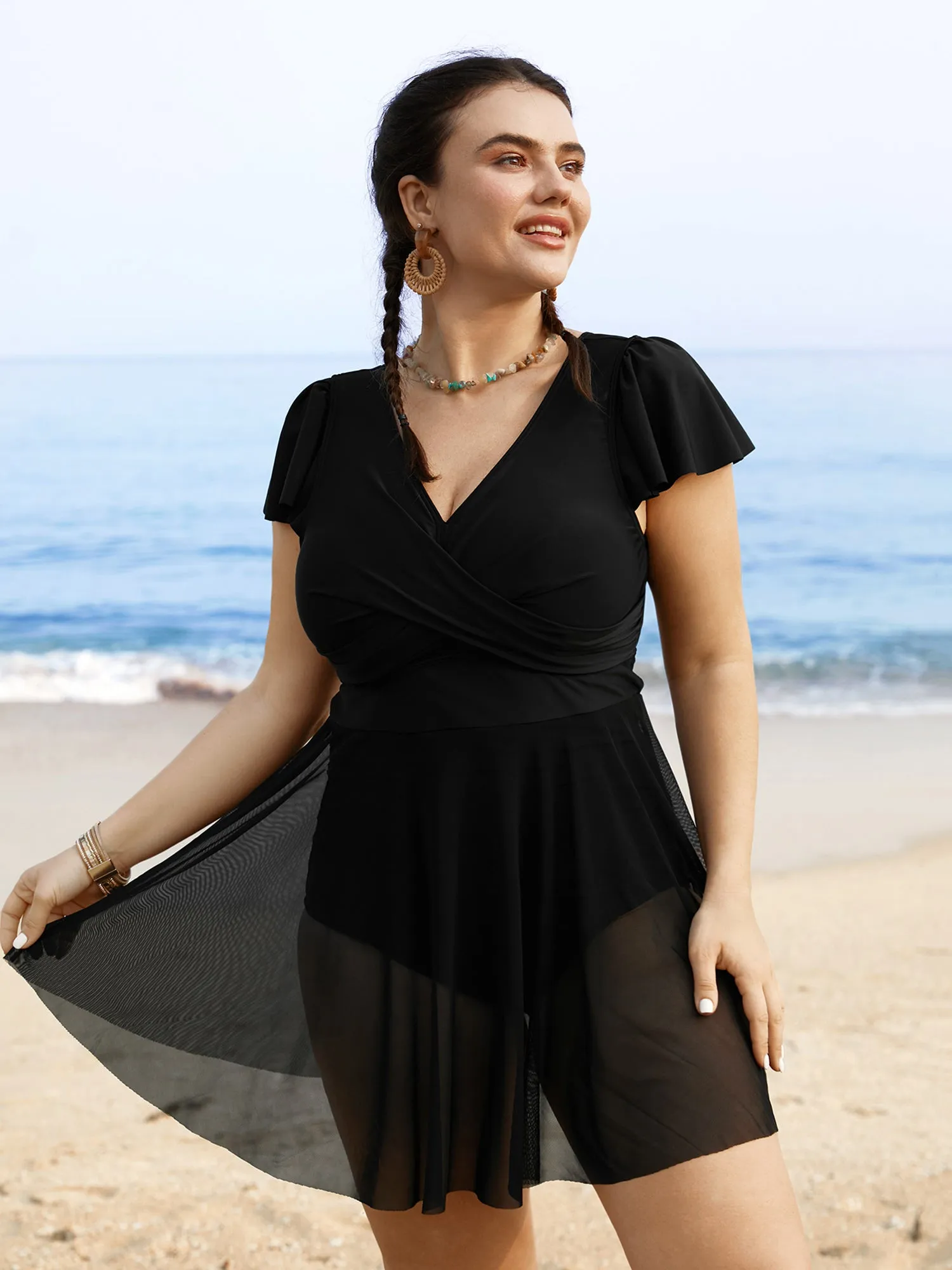 Solid Ruffles Gathered See Through Swim Dress sold by Bloomchic product image thumbnail 3