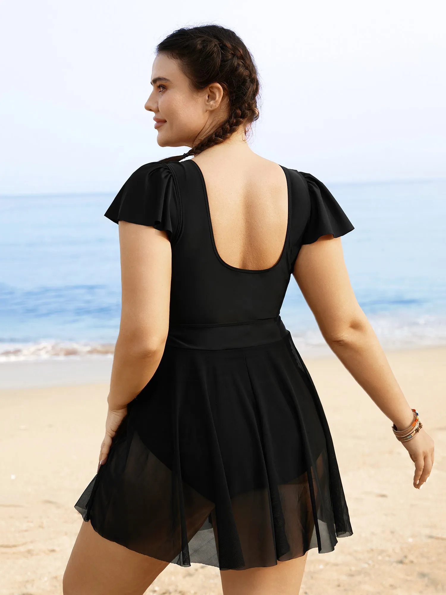 Solid Ruffles Gathered See Through Swim Dress sold by Bloomchic product image thumbnail 2