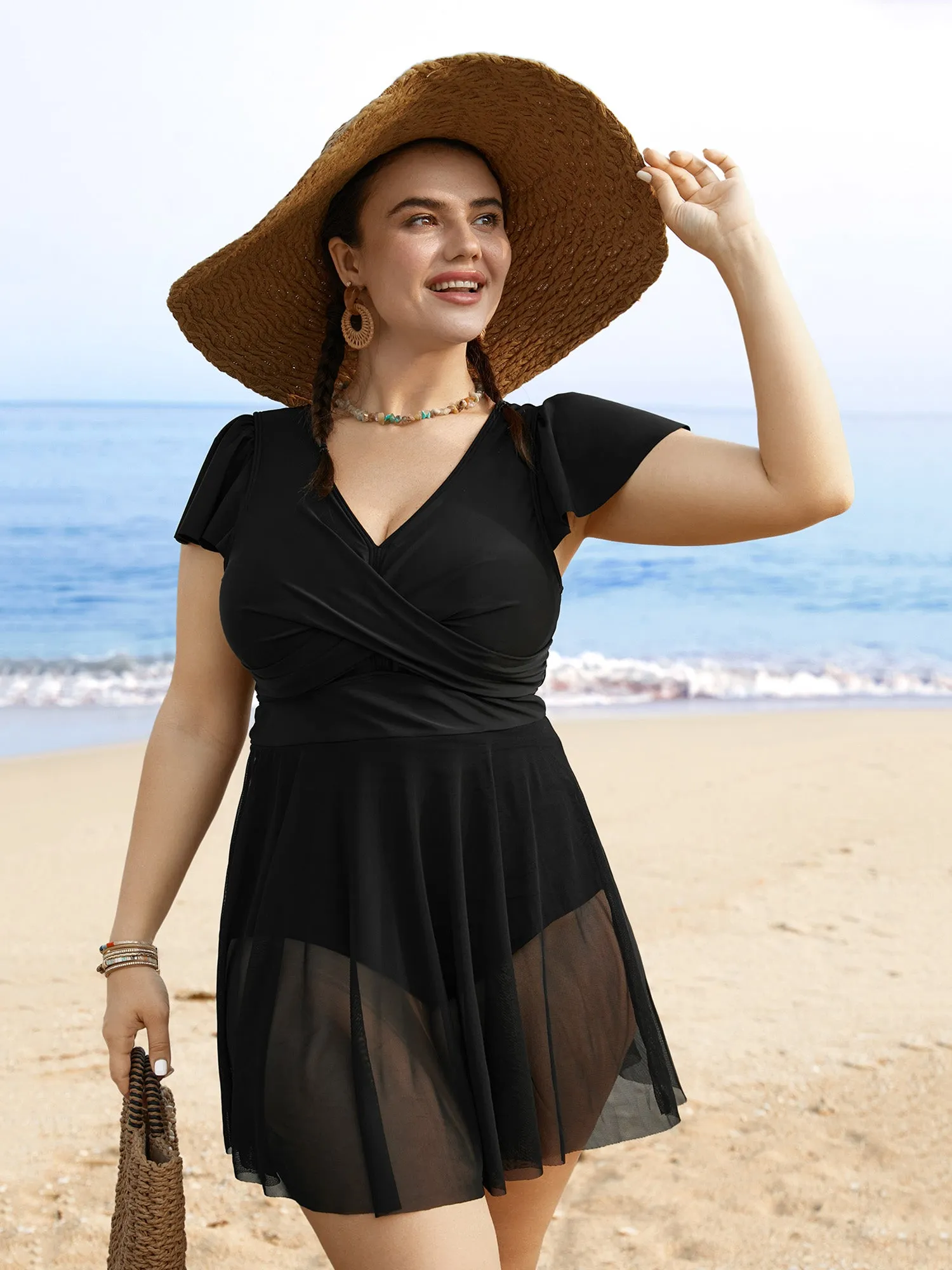 Solid Ruffles Gathered See Through Swim Dress sold by Bloomchic