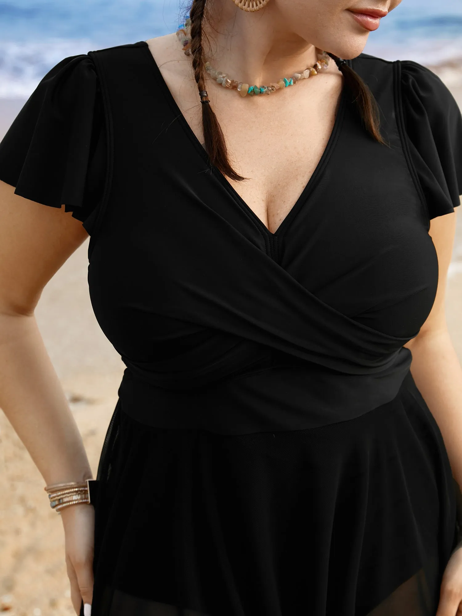 Solid Ruffles Gathered See Through Swim Dress sold by Bloomchic product image thumbnail 4