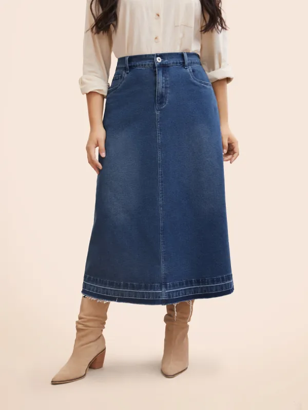 Stretch Denim Back Slit Midi Skirt sold by Bloomchic