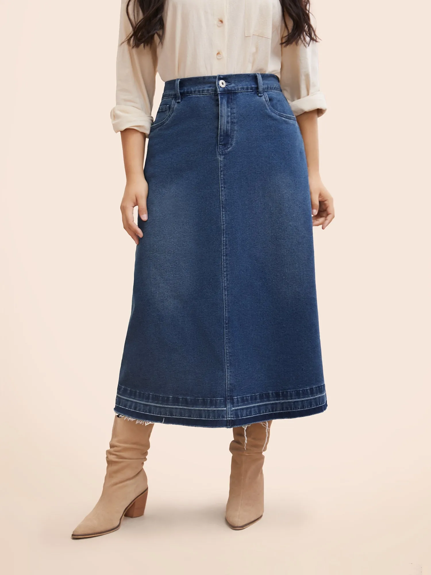 Stretch Denim Back Slit Midi Skirt sold by Bloomchic