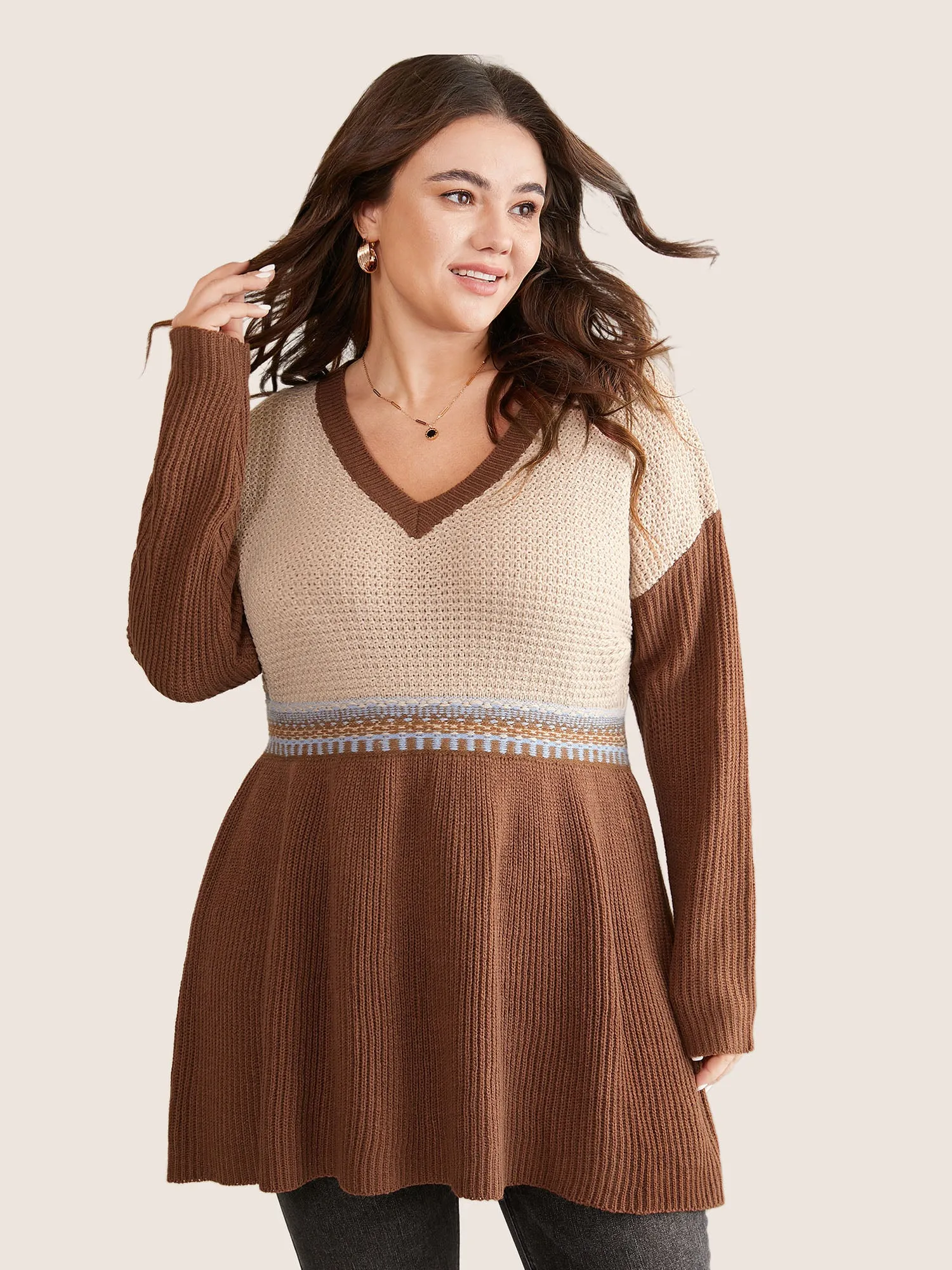 Colorblock Contrast Texture Elastic Waist Pullover sold by Bloomchic