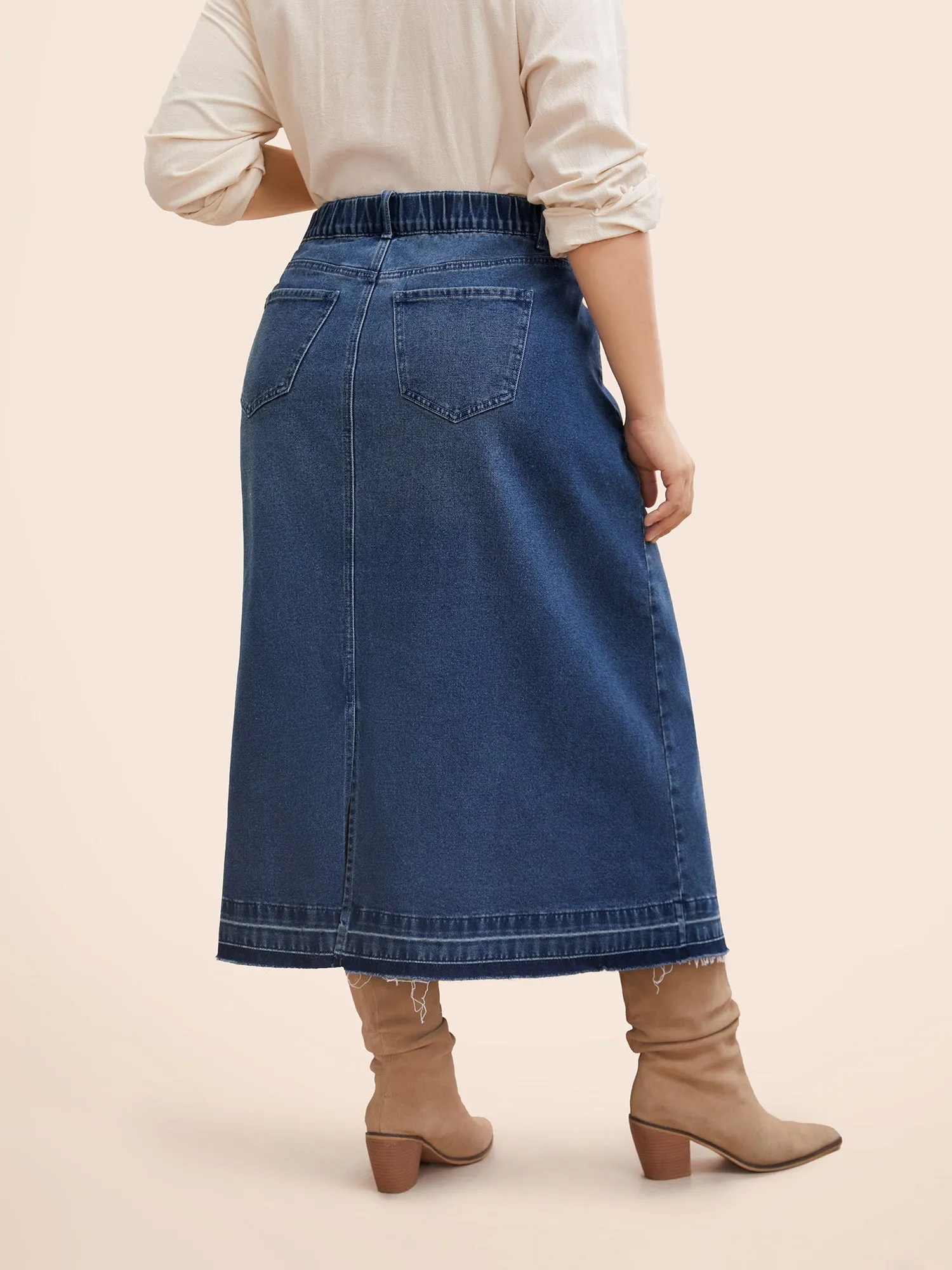 Stretch Denim Back Slit Midi Skirt sold by Bloomchic product image thumbnail 2