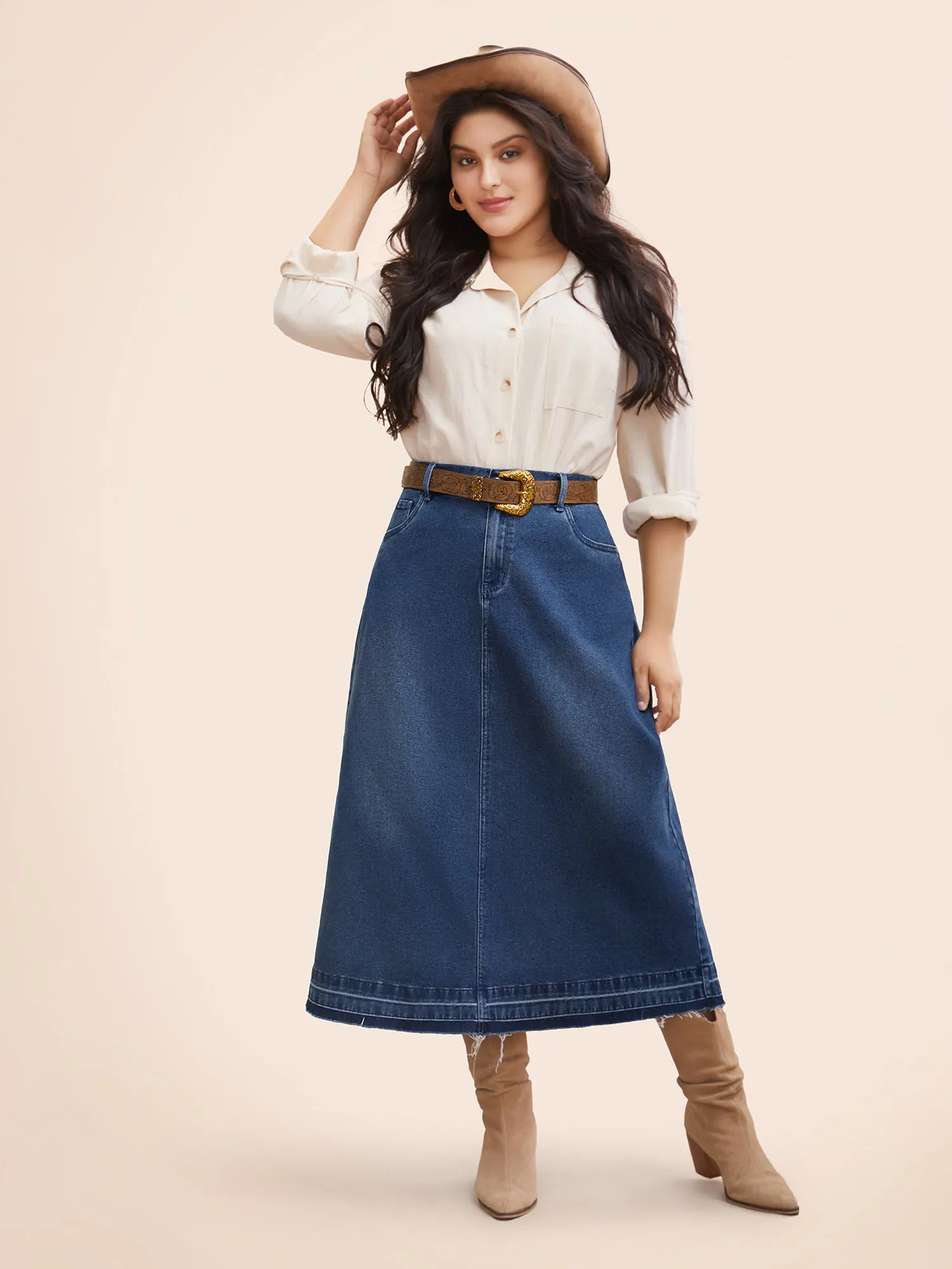 Stretch Denim Back Slit Midi Skirt sold by Bloomchic product image thumbnail 3