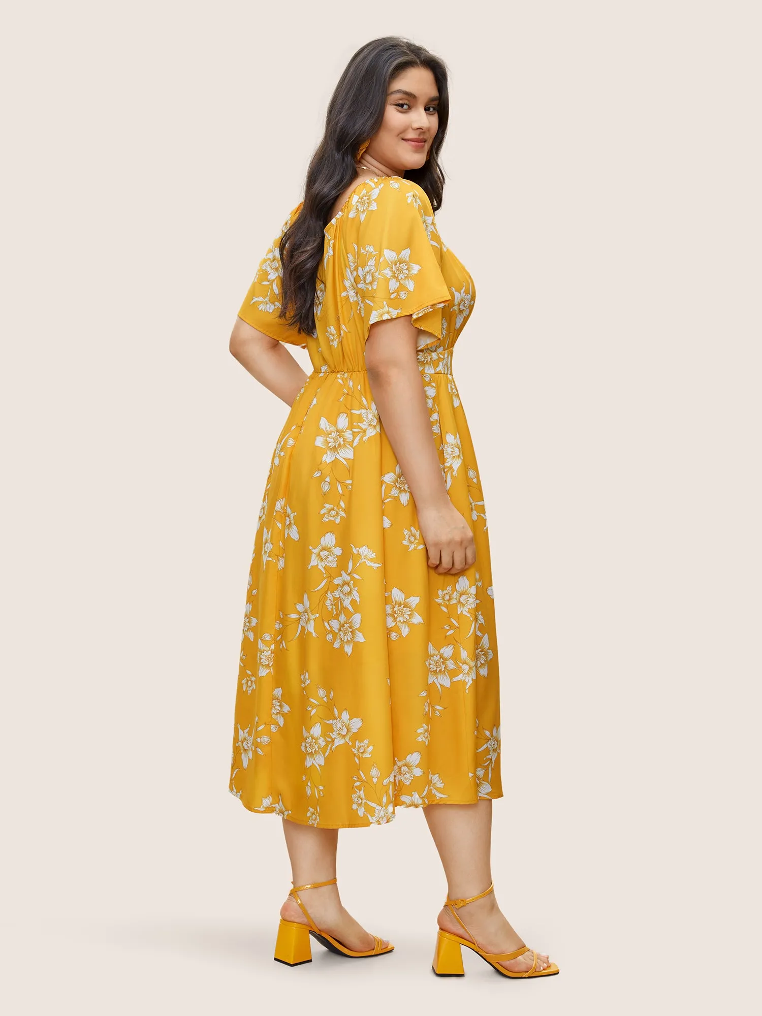 Floral Print Knot Neck Patchwork Ruffle Sleeve Dress sold by Bloomchic product image thumbnail 3