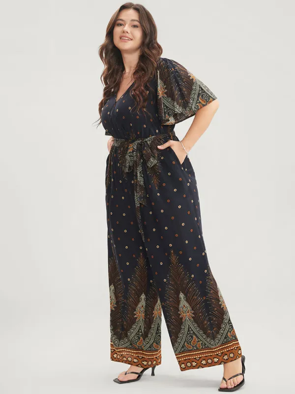 Bandana Print Ruffles Sleeve Belted Wrap Pocket Jumpsuit sold by Bloomchic