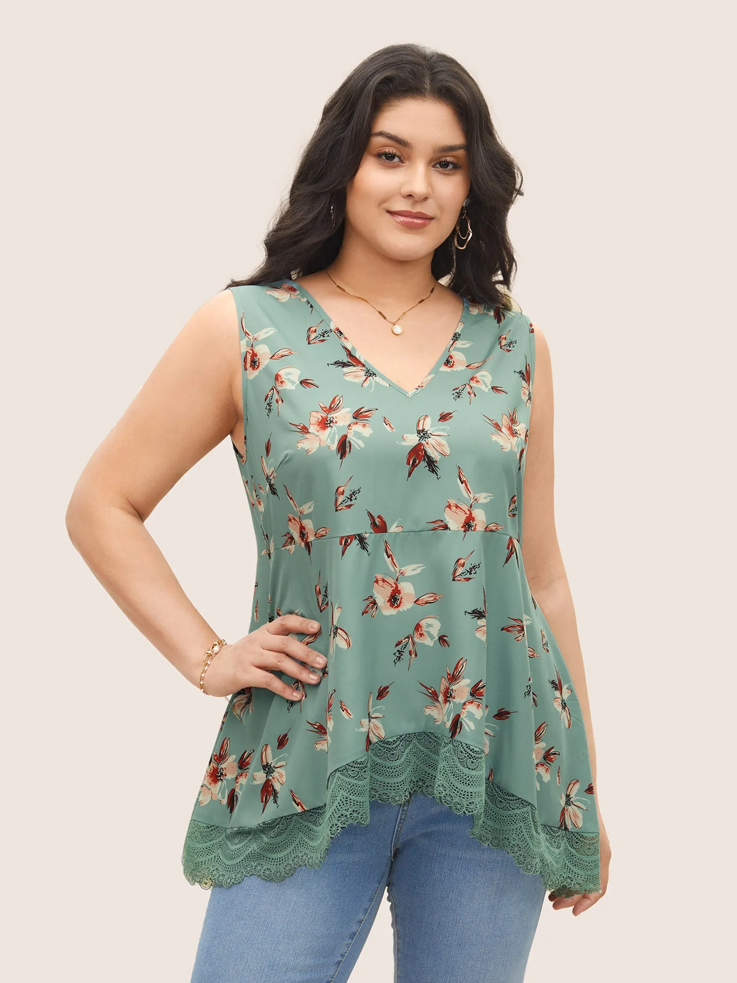 Watercolor Floral Lace Panel Tank Top sold by Bloomchic