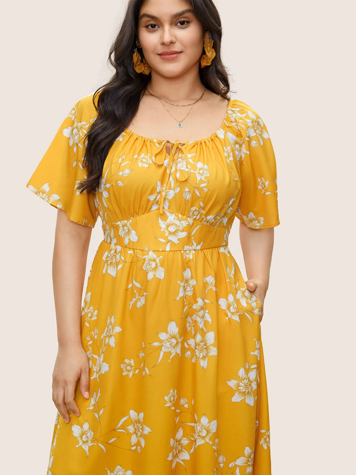 Floral Print Knot Neck Patchwork Ruffle Sleeve Dress sold by Bloomchic product image thumbnail 4