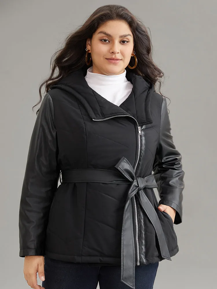 PU Leather Belted Zipper Patchwork Cotton Jacket sold by Bloomchic