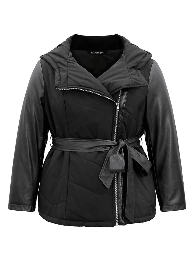 PU Leather Belted Zipper Patchwork Cotton Jacket sold by Bloomchic product image thumbnail 5
