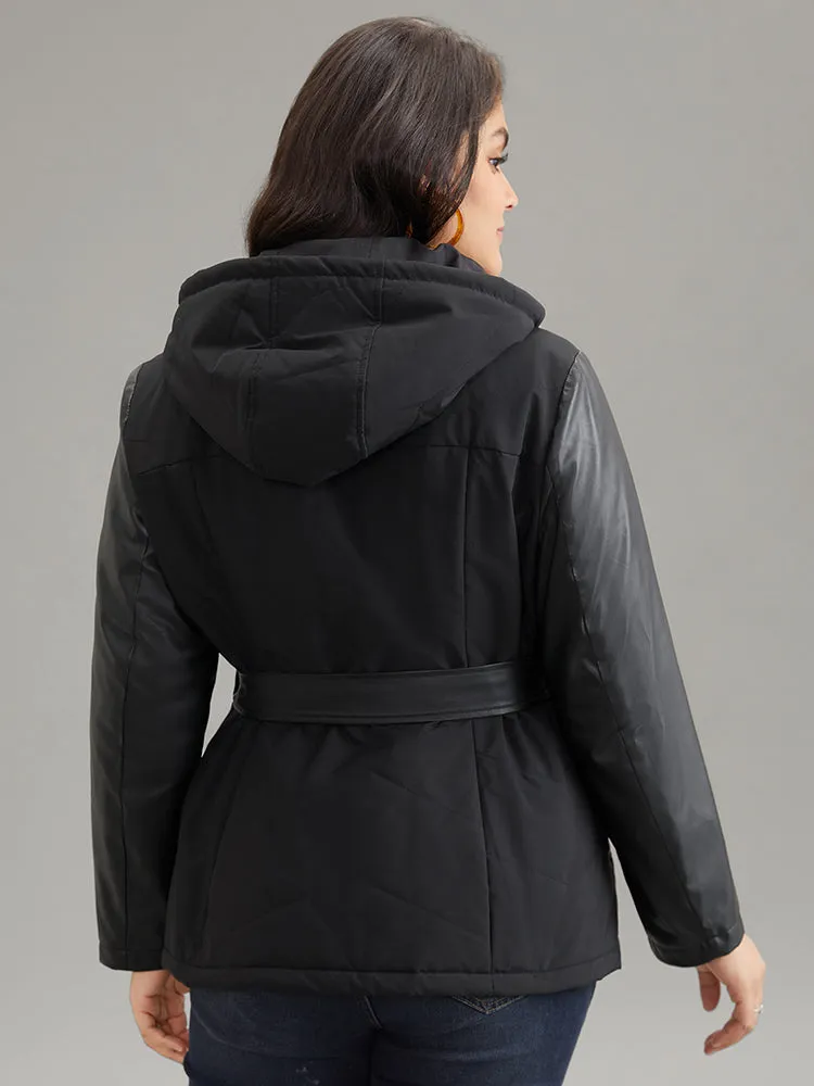 PU Leather Belted Zipper Patchwork Cotton Jacket sold by Bloomchic product image thumbnail 2