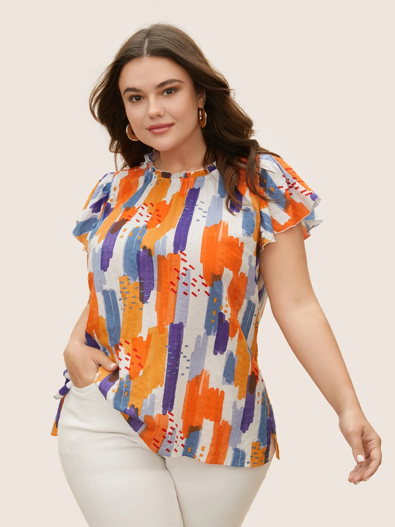 Brush Print Split Side Cap Sleeve Blouse sold by Bloomchic